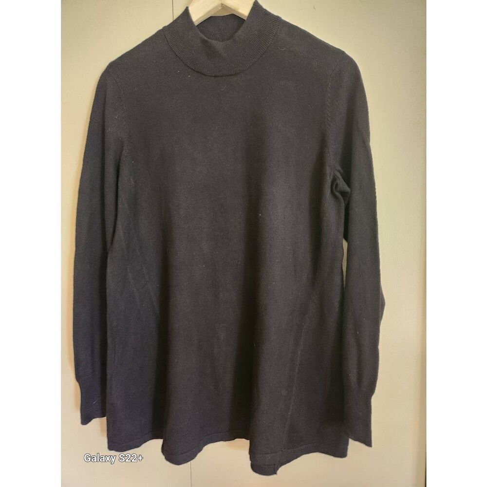 S2 Susan Graver black mock turtleneck sweater with button accent in back